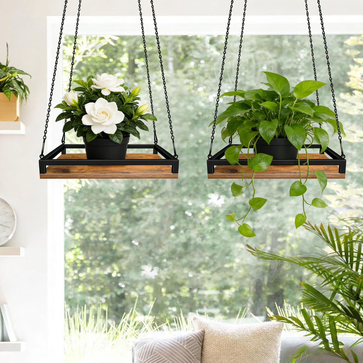 Plant Hanger Indoor, 11.8" Wooden Hanging Plant Holder with Metal Frame Hanging Planter for Indoor Plants Load 50LB Hanging Plant Shelf with 27.6" Long Chain, Ideal for Heavier Pots Window Ceiling