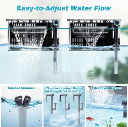 Large Hang on Back Aquarium Filter 264GPH for 20-75 Gal Fish Tank, w/ U-V Light Surface Skimmer 13-Stage Green Killing Deodorization Machine Saltwater Freshwater Crystal Clear Suspension Oxygen