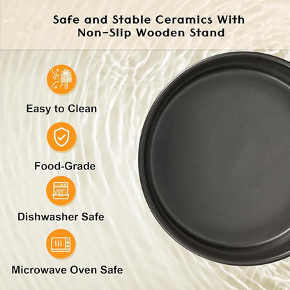 SPUNKYJUNKY Ceramic Elevated Dog Bowls 2 Pack - 5.1inch Raised Dog Bowls with Non-Slip Wooden Stand for Small Dogs Dishwasher Safe(Black,13.5OZ*2)