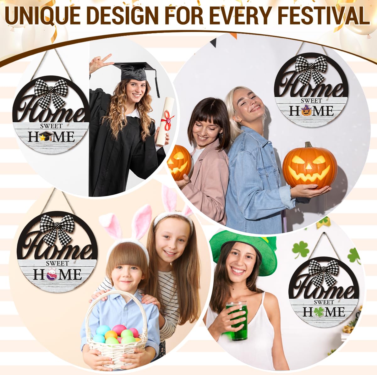 Interchangeable Seasonal Home Sweet Home Hanging Sign - Farmhouse Front Door Decoration for Spring All Seasons Holidays - Rustic Round Wood Wreaths with 12 Icons(White)