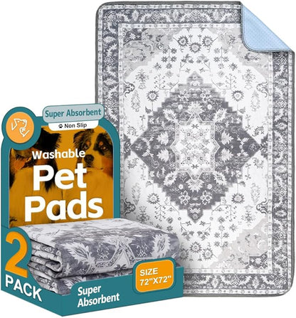 Washable Pee Pads for Dogs, 2 Pack Reusable Puppy Training Pads 72"x72" Super Absorbent Waterproof Dog Training Pads, Non-Slip Potty Pads, Whelping Pads Litter Mat Light Grey Medallion