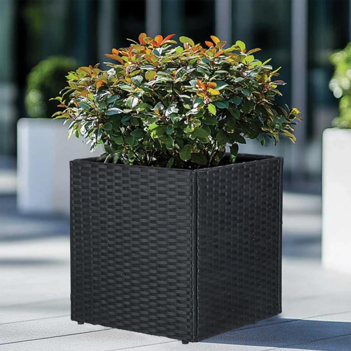 SUNNYPARK Black Square Planter Box All-Weather PE Rattan Large Modern Planters with Removable Liner Indoor Outdoor Decorative Flower Pot for Patio, Balcony, Garden