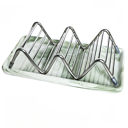 Lofekea Soap Dish, Stainless Steel Self Draining Shower Bar Soap Holder with Ceramic Dish Tray, W Style Soap Saver for Bathroom, Sink, Kitchen and Countertop(Green Texture)