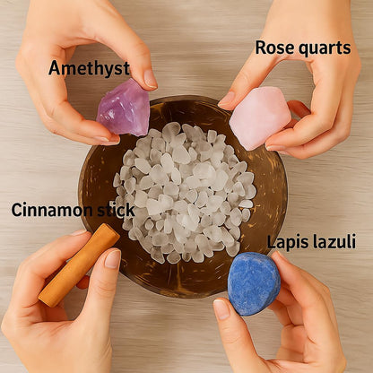 Crystal Cleansing Set with Coconut Bowl – Natural White Quartz Raw Stone, Crystal Chips & Cinnamon Sticks for Meditation, Energy Healing, and Spiritual Rituals
