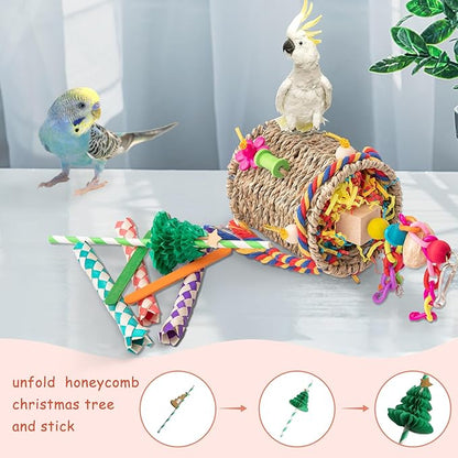 RLRICH Bird Toys Parrot Foraging Toys, Seagrass Basket Bird Chewing Toys with Colorful Tearing Paper Bamboo Fingers Natural Nut Wooden Blocks for Small Medium Parrot Bird
