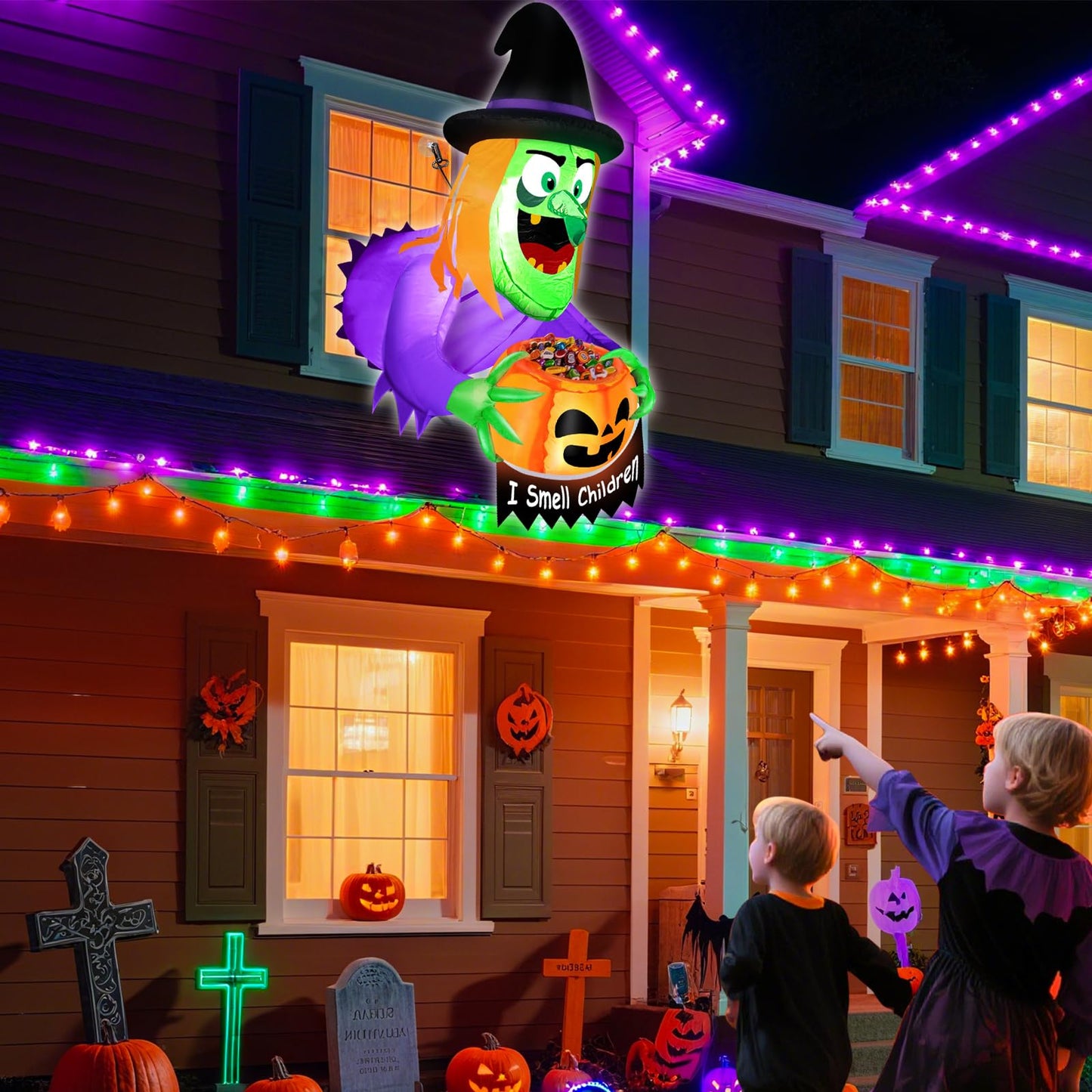4 Ft Halloween Inflatables Decorations Outdoor Witch Broke Out from Window Blow Up Scary Holding Pumpkin Candy Bucket Build-in LED Halloween Decorations Party Indoor Outside Yard Garden Lawn