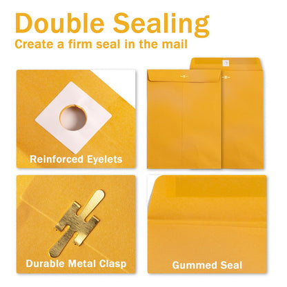 Clasp Envelopes 10x13, 100 Pack Goefun Brown Yellow Manilla Envelopes 10x13-100GSM Heavy Kraft Paper, with Clasp and Gummed Seal for Mailing