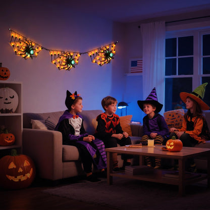 Halloween Decorations Spider Web Lights - 52.8 Inch/4.4 ft Connected Cobweb with Scary Spiders, 54 Orange & 3 Green LEDs, Timer Function, Lighted Spider Nets for Indoor Ourdoor Yard Patio