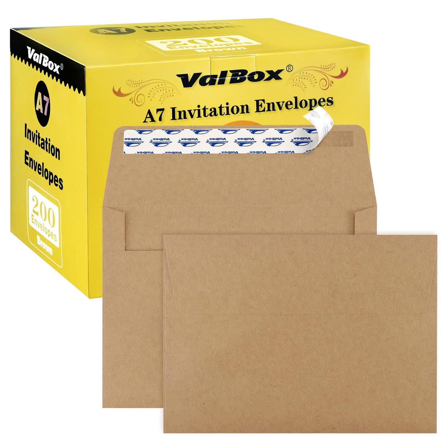 ValBox 200 Qty A7 Invitation Envelopes 5 x 7, 120GSM Brown Kraft Paper Envelopes for 5x7 Cards, Self Seal, Weddings, Invitations, Baby Shower, Stationery, Office, 5.25 x 7.25 Inches