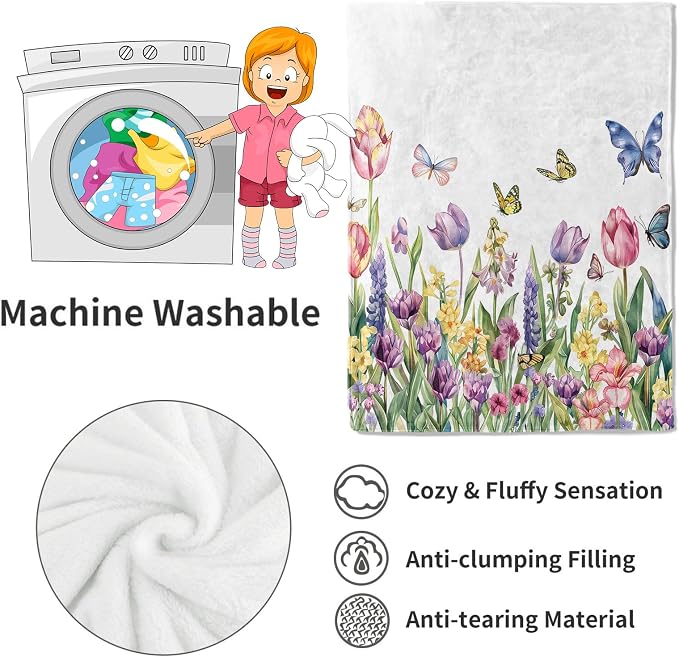 Spring Tulip Flower Blanket Cute Floral Throw Blankets with Colorful Butterfly,Birthday Gifts for Girls Women & Nature Lovers,Lightweight Soft Fleece,for Sofa Couch Bed Room Decor 60x80in