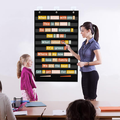 ANCOMEDO Large 10+2 Pockets Standard Pocket Chart, 10 Clear Pockets Words Chart with 2 Extra Storage Pocket for Classroom Home Office Use,Large Size:45”x 28” Letter Cards,Words and Sentence Strips.