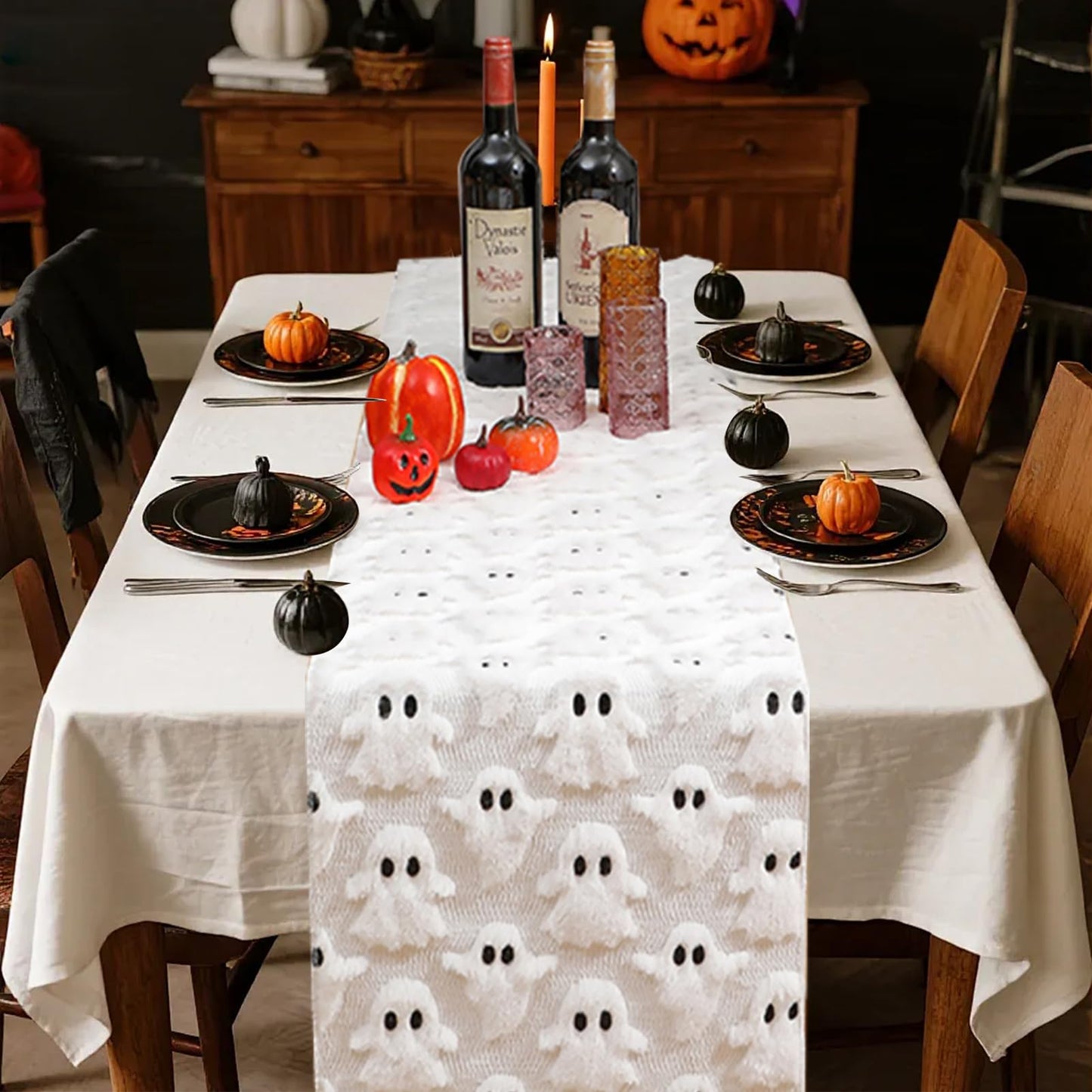 3D Halloween Indoor Decoration Table Runner - White Ghosts Soft Plush Faux Fur Fabric Holiday Home Kitchen Dining Party Table Decor 13x72 Inch Long