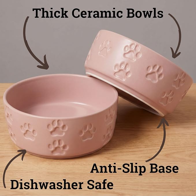 Ceramic Dog Bowl Set of 2 with Anti-Skid Base - 5.5" Wide x 2" Tall Ceramic Dog Bowls for Small Dogs - 2 Cup Capacity Food and Water Bowls for Dogs - Rubber Bottom Pet Bowl Set of 2 for Small Pets