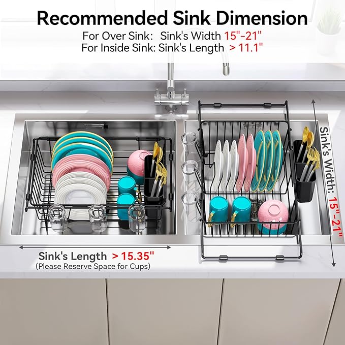 Urackify Dish Drying Rack in Sink, Stainless Steel Expandable Over the Sink Dish Rack with Utensil Holder & Cup Holder, Kitchen Drying Rack for Inside Sink, 15.35" x 11.02" x 4.84", Black