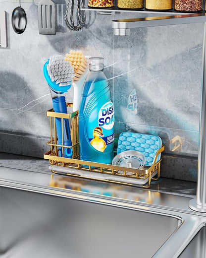Consumest Sink Caddy, Kitchen Sponge Holder with Dish Brush Holder, Kitchen Sink Organizer with Drip Tray for Countertop, Stainless Steel Rustproof - Gold