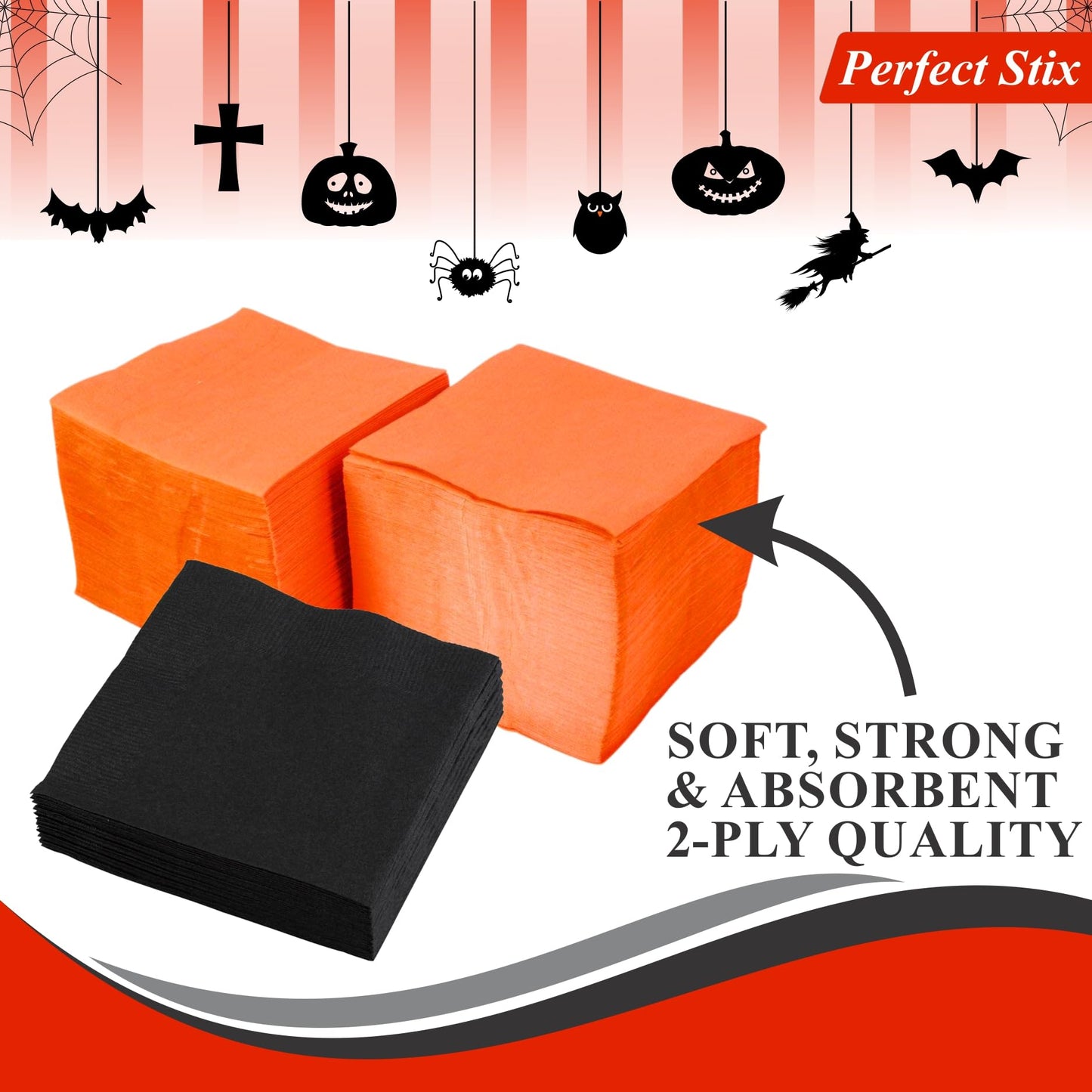 Perfect Stix Halloween Cocktail Napkins, Black and Orange, 200 Count Pack