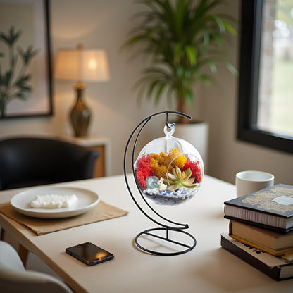 Creations by Nathalie DIY 5" DIY Globe Terrarium Kit - Build Your Own Glass Terrarium for Adults & Teens with Moss, Crystals, Tools & Decorative Figurine - Mini Ecosystem (Plant Not Included)