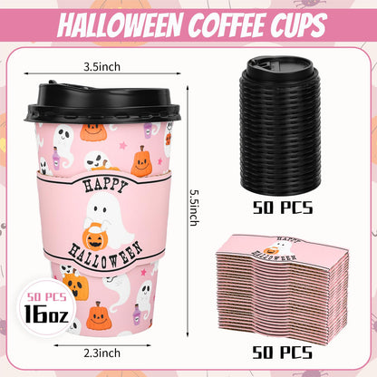 Whaline 50Pcs 16Oz Halloween Disposable Coffee Cups with Lids and Sleeves Pink Ghost Boo Pumpkin Paper Drinking Cup for Trick or Treat Birthday Party Supplies