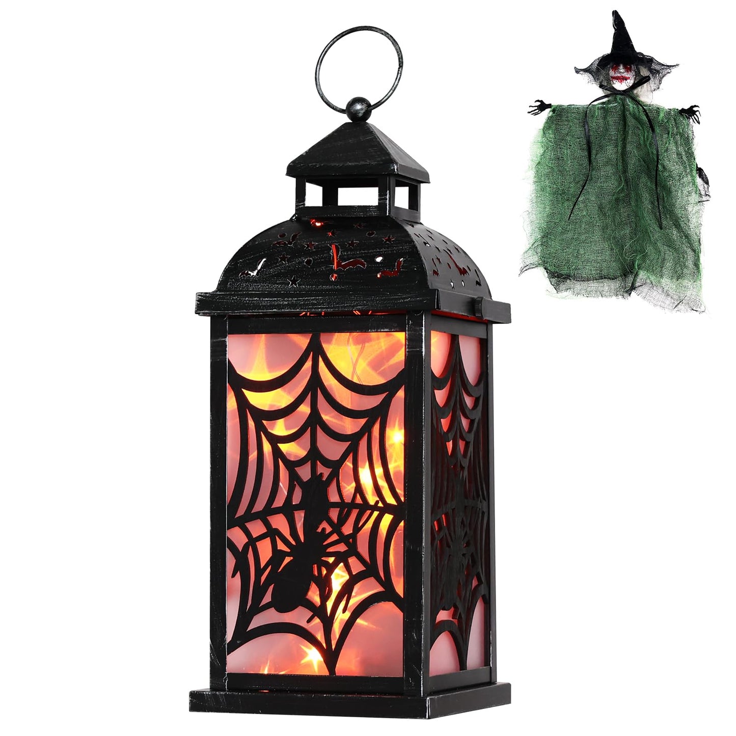 DECORKEY Halloween Decorations Indoor, 14.7" Spider Web Candle Glitter Lantern with LED Lights (8 Modes), Hanging Halloween Lanterns with Witch, Outdoor Home Room Table Party Hocus Pocus Decor