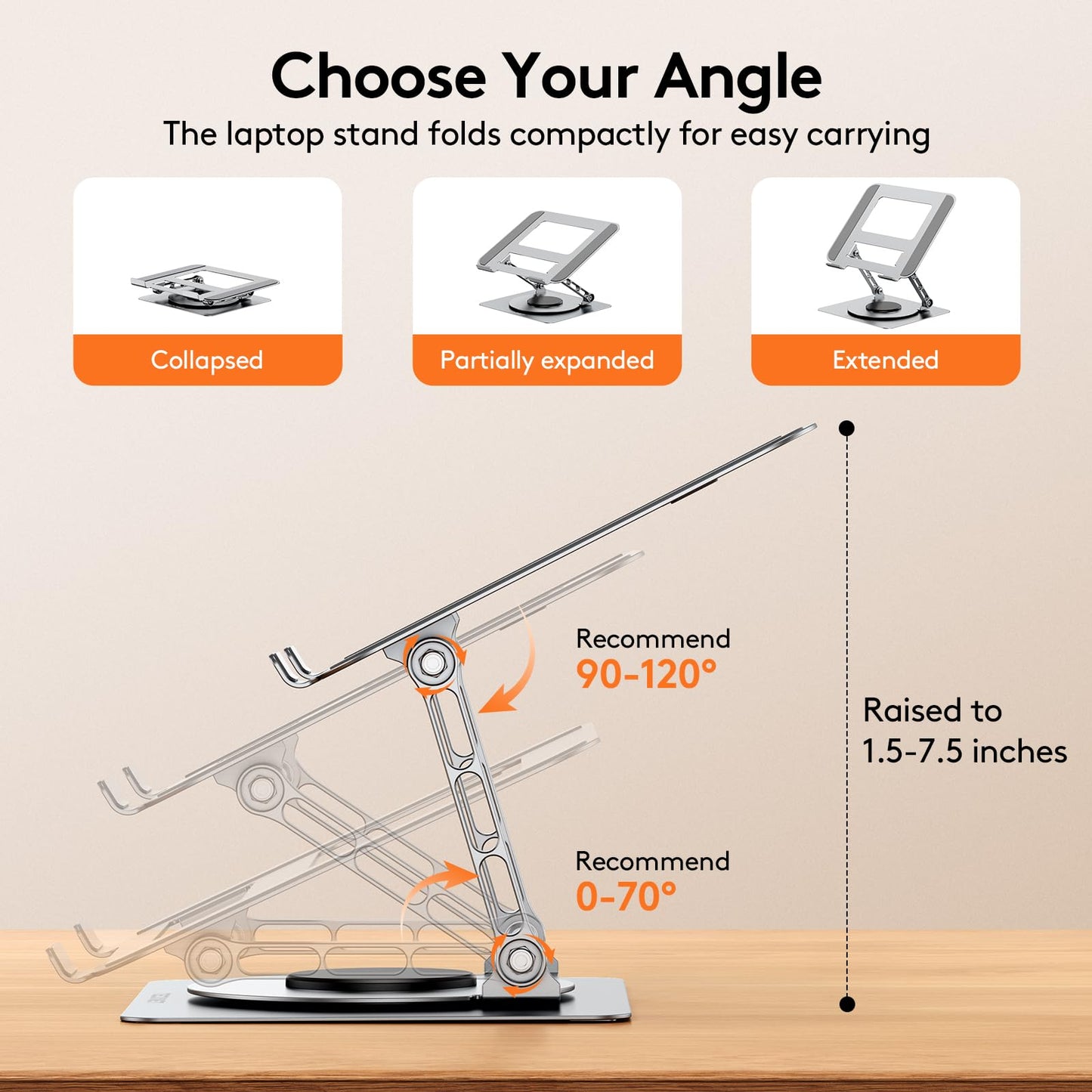 TECKNET Laptop Stand for Desk, 360 Rotating Base, Ergonomic Foldable Computer Stand for Laptop Riser Height Adjustable, Compatible with MacBook Pro, All Laptops 10-17" - Silver