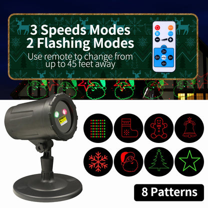 2-Pack Christmas Projector Lights Outdoor Laser Projection with Remote & Bonus Timer – 8 Festive Red & Green Patterns, IP65 Waterproof Xmas Laser Light for Lawn, Garden, Yard & Patio Decorations