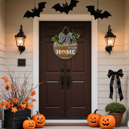 VPDTVK Interchangeable Seasonal Welcome Sign Front Door Decoration, Rustic Round Wood Wreaths Wall Hanging Outdoor Decor for Spring Summer Autumn and Winter All Seasons Holiday Halloween Christmas