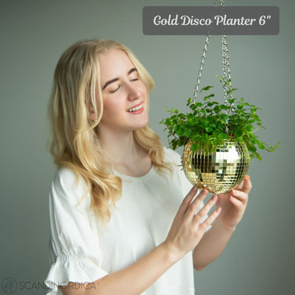 SCANDINORDICA Disco Ball Planter 6" Gold with Chain and Macrame Hanger and Disco Ball Planter Pot 4.3" with Saucer (0.3x0.3 mirror tiles)