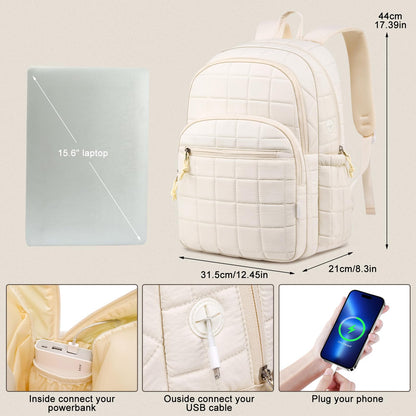 kadilong Laptop Backpack for Women College Travel,Quilted Daypack Bookbag for School Teen Girls Mochilas Mujer,Beige