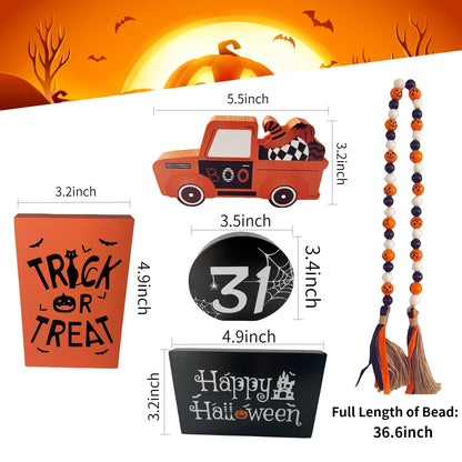 Halloween Decor, Halloween Decorations Indoor | 5Pcs Halloween Tiered Tray Decor - Boo Happy Halloween Wooden Signs and Bead Garland | Spooky Halloween Decor for Home Table