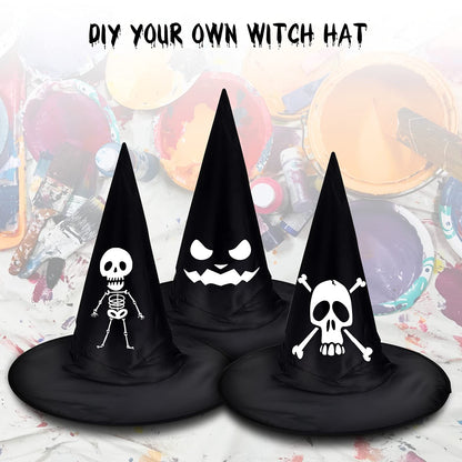 LINAYE Witch Hat XXL Kit - Halloween Decorations Including 12 PCS Black Witch Hats, 16 PCS 3D Bats, Spider Web, Creepy Cloth, Hanging Rope - Costume Headwear