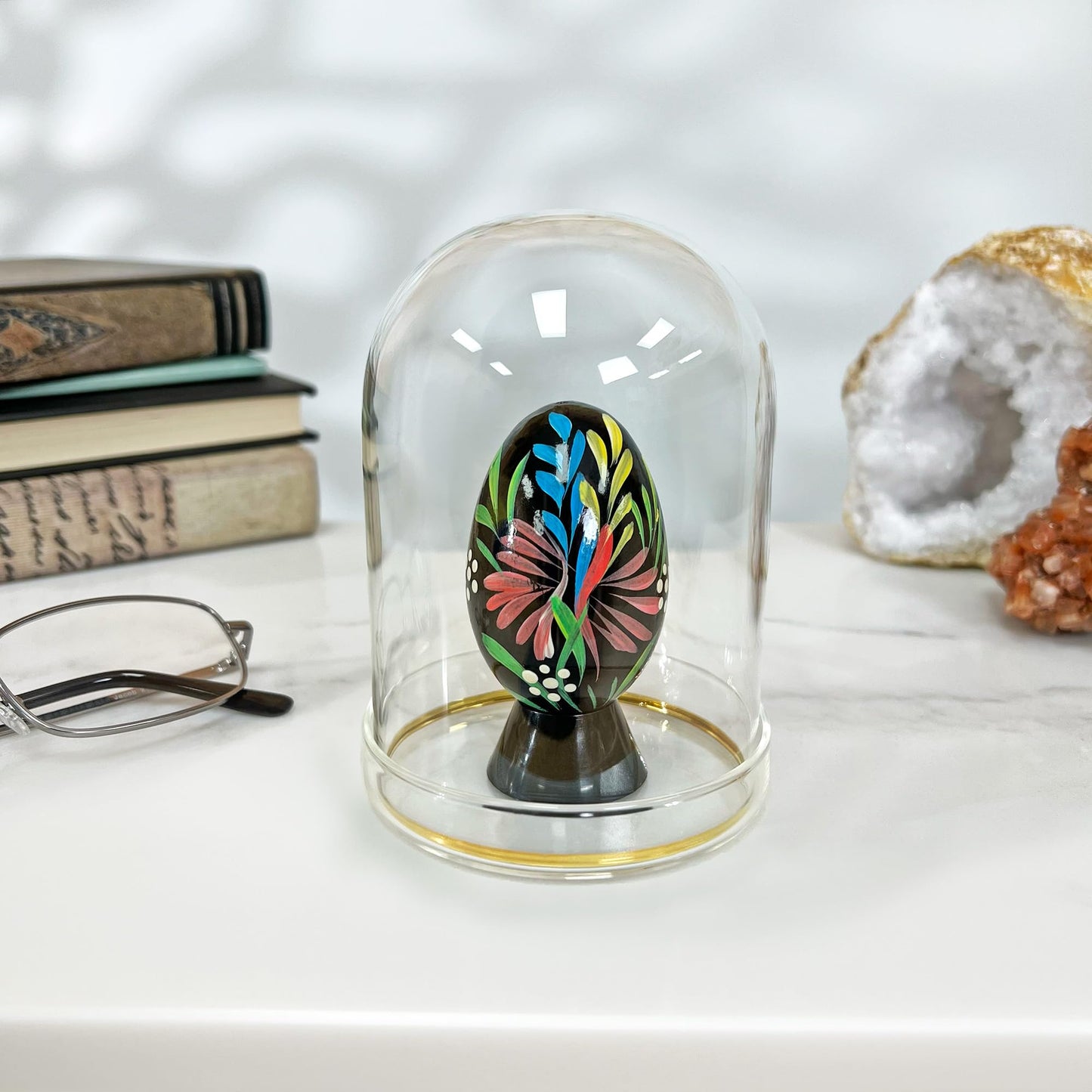 Plymor 3" x 4" Glass Display Dome Cloche with Gold Rim (Clear Glass Tray Base)