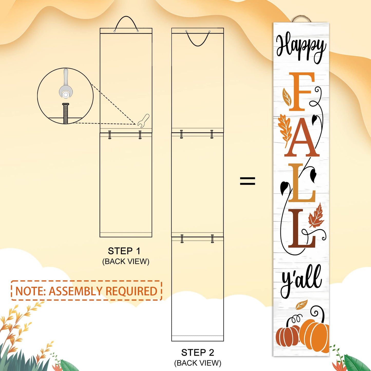 Happy Fall Y'all Wooden Porch Sign 47" Thanksgiving Large Welcome Porch Sign for Pumpkin Sign Autumn Home Front Door Yard Party Decor