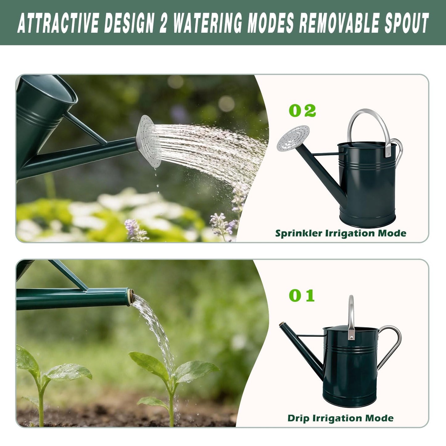 Metal Watering Can for Outdoor Plants, 1.7 Gallon Dark Green Garden Watering Can for Flower, Houseplants, Galvanized Finish