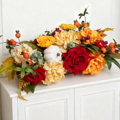 PureCosy Fall Centerpiece for Table, Handmade Realistic Silk Floral Arrangement with Peonies, Roses, Berries & Foam Pumpkins Thanksgiving Centerpiece and Autumn Harvest Table Decor for Dining Table