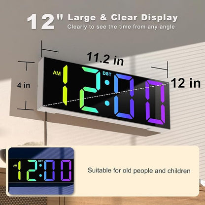 JALL 12" Large Digital Wall Clock, Big LED Number Dispaly, RGB Colors, DST, Night Light for Classroom Living Room Bedroom Mounted Birthday Xmas Gift for Senior, Mem Womem (A White Shell, 12 inches)