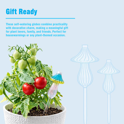 4 PCS Glass Plant Watering Globes Mushroom, Watering Bulbs for Indoor Plants, Rainbow Gradient Color Glass Mushroom Watering Bulbs, for Vacation Plant Care.