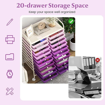 COSTWAY 20-Drawer Rolling Storage Cart, Utility Storage Organizer Cart for Tools, Scrapbook, Paper, Craft, Multipurpose Storage Trolley on Wheels for Home Office School, Purple Gradient