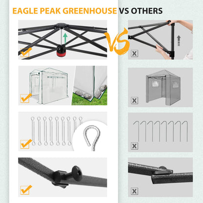 EAGLE PEAK 8x6 Portable Walk in Greenhouse, Pop Up Indoor Outdoor Greenhouse, Green House Kit with Zippered Roll-Up Doors and Windows, PE Cover, Clear/White
