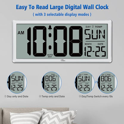 WallarGe 14.5'' Large Digital Wall Clock Battery Operated with Jumbo Numbers, Temperature and Date - Easy to Read and Set, Auto DST