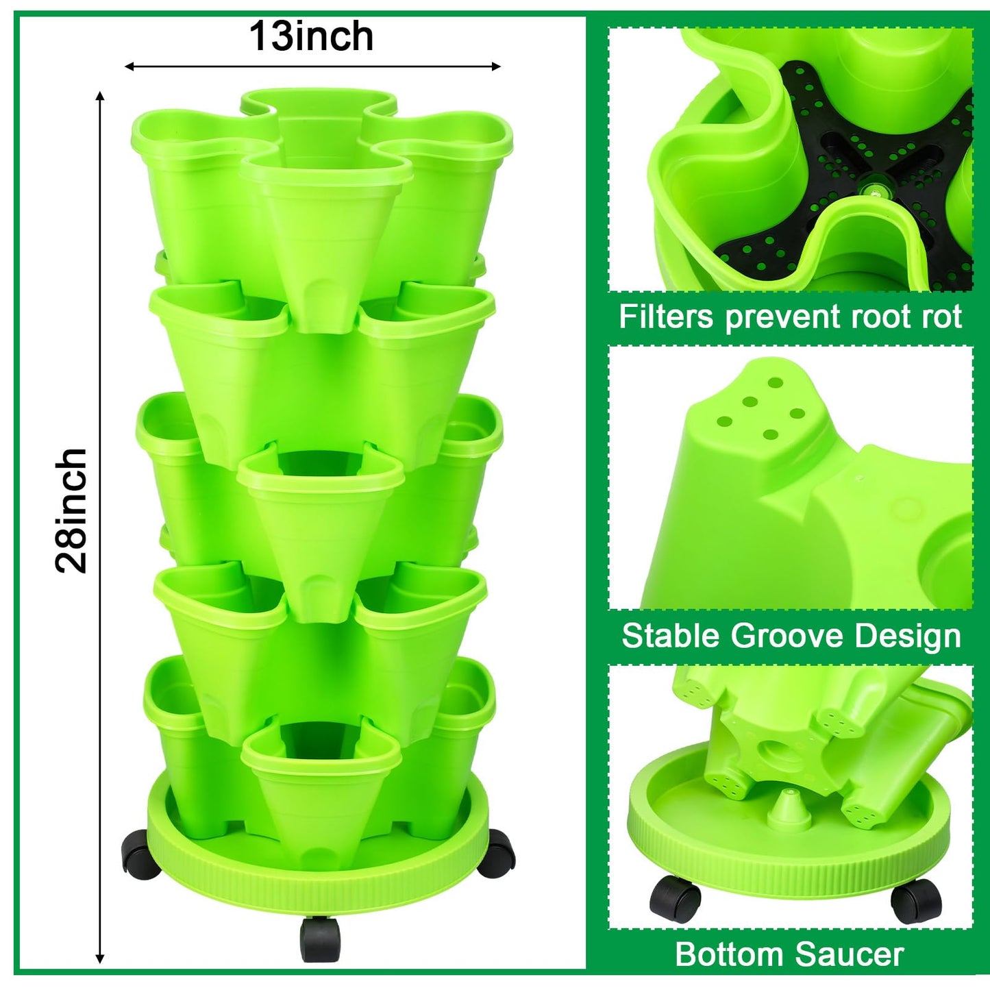 Umigy 2 Set 5 Tier Stackable Planters Vertical Garden Planters for Strawberry Herb Flower and Vegetable Indoor Outdoor Gardening Pots with Removable Wheels and Bottom(Green)