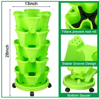 Umigy 2 Set 5 Tier Stackable Planters Vertical Garden Planters for Strawberry Herb Flower and Vegetable Indoor Outdoor Gardening Pots with Removable Wheels and Bottom(Green)