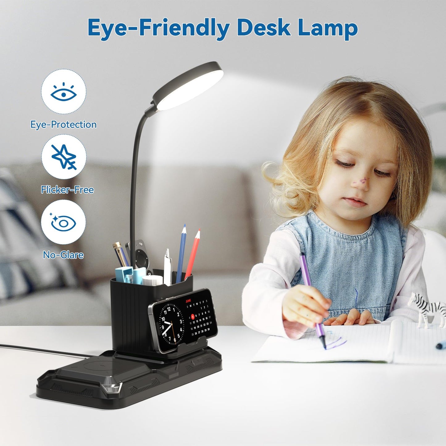 KDD 4 in 1 Desk Lamp with Wireless Charger - 360° Rotating Gooseneck Small Table Lamp with Pen Holder & Phone Stand, Adjustable White and Warm Light Dual Mode LED Desk Light for College Dorm Room