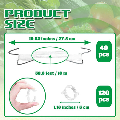 Srmayyi 160 PCS Tomato Hooks with String,Tomato Holder Hooks with Plant Clips and 32.8ft Twine,Climbing Plants Support Hooks Flower Vine Twine Crop Trellis,Prevent Pinching or Falling Off