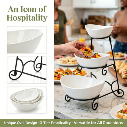 Covzoe Chip and Dip Serving Set, 3 Tiered Ceramic Serving Bowl Dishes with Collapsible Metal Rack, Appetizer Food Display Stand Platters for Fruit Dessert Party Entertaining