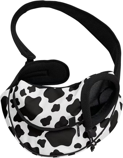 FUSURIRE Cute Cow Print Small Dog Sling Carrier for Small Pets, Cats and Puppies, Breathable Mesh Cute Front Pack Hands-Free Carrier Bag with Adjustable Shoulder Strap for Outdoor Travel