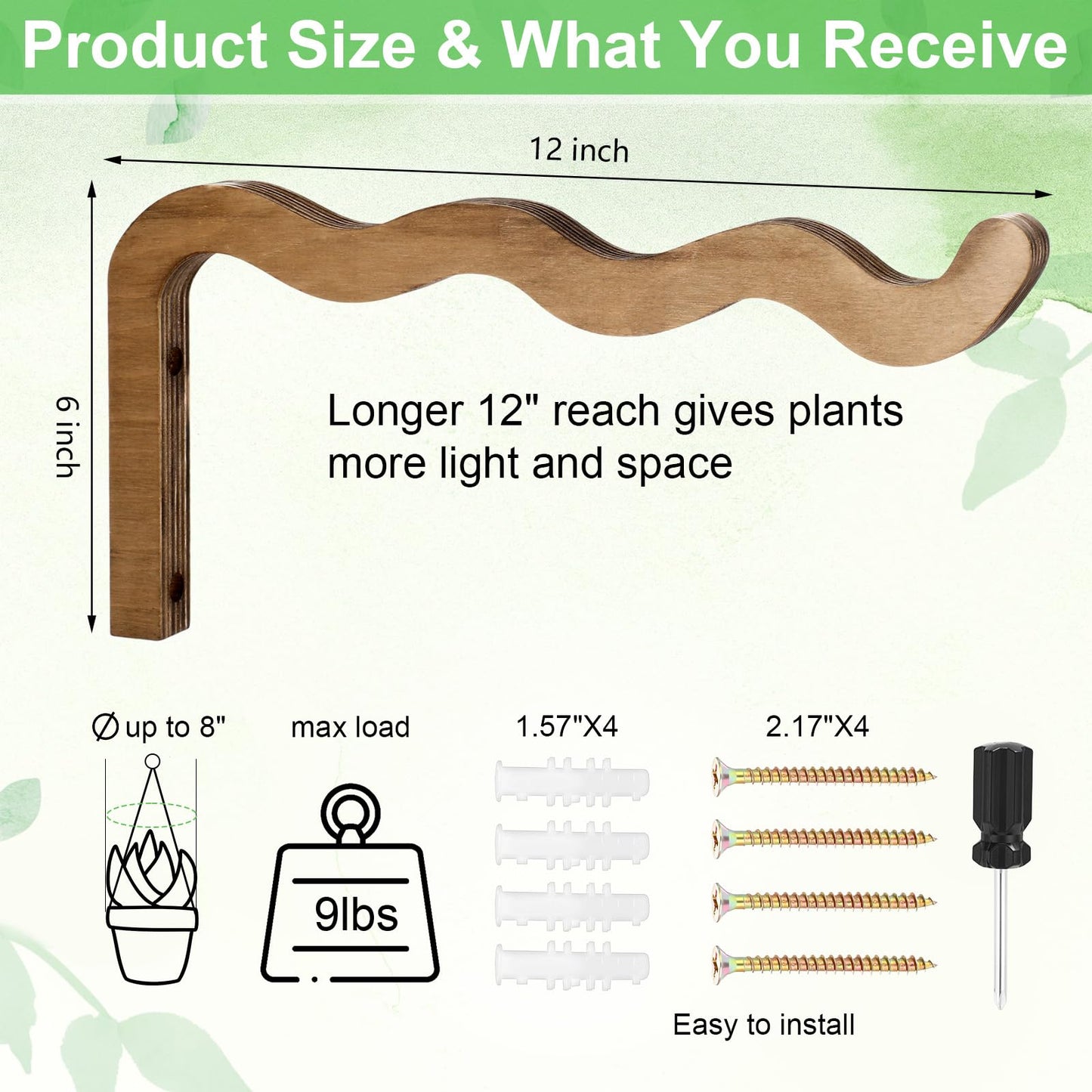 Fiwochic 2 Pack Wooden Wall Plant Hangers, 12 Inch Wavy Hanging Plant Hooks Walnut Color Hanging Brackets for Indoor Outdoor Flower Pots, Wind Chimes, Lanterns, Bird Feeders