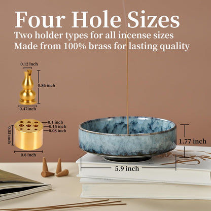 Fluvie 5.9" Ceramic Incense Holder with 10 Holes,5in1 Incense Tray for Sticks,Coil,Cone,Sage,Palo Santo,Handcrafted Burner Ash Catcher Smudge Bowl for Yoga Meditation Energy Cleansing Room Décor,Blue