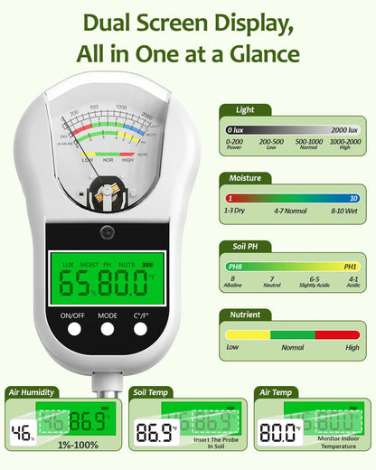 Jxikatx 7-in-1 Soil Test Kit, Soil Moisture Meter/pH Meter/Light Intensity/Fertility/Air & Soil Hygrometer Temperature with Large Dual Display for Garden,Lawn, Farm, Indoor Outdoor Plants-Warm White