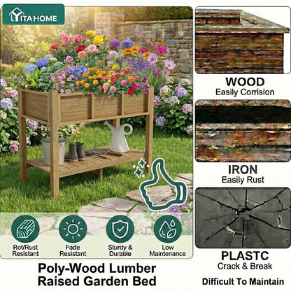 YITAHOME Raised Garden Bed Outdoor HDPE with Shelf, 48x18x30in Poly-Wood Weather-Resistant Elevated Planter Box with Legs for Vegetable Flower, Herb Garden Bed for Backyard Balcony Garden, Brown