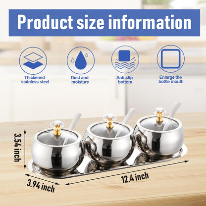 KEJJRIUTN 304 Stainless Steel Seasoning Containers Set, Condiment Jar Spice Container with Lid Spoon and Tray, Sugar Storage Organizers with 3 Serving Spoons